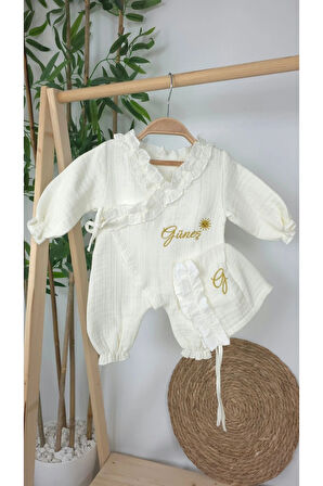 Müslin Yeni Doğan 4Katlı Organik %100Pamuk Kişiye Özgü Nakışlı Hastane Çıkış Seti (Güneş Model-2)