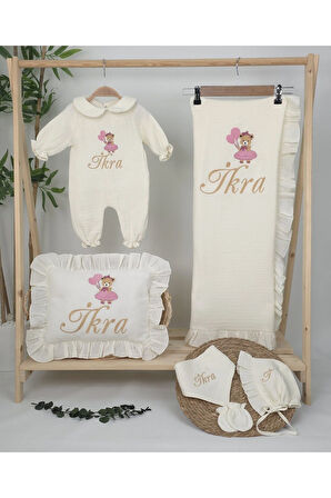Müslin Yeni Doğan 4Katlı Organik %100Pamuk Kişiye Özgü Nakışlı Hastane Çıkış Seti (Ayıcık Model-5)