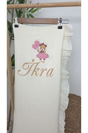 Müslin Yeni Doğan 4Katlı Organik %100Pamuk Kişiye Özgü Nakışlı Hastane Çıkış Seti (Ayıcık Model-5)