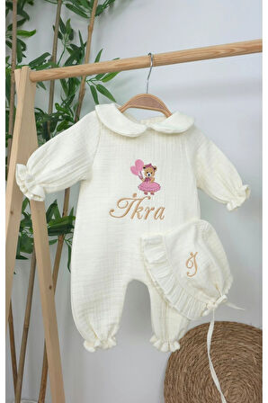 Müslin Yeni Doğan 4Katlı Organik %100Pamuk Kişiye Özgü Nakışlı Hastane Çıkış Seti (Ayıcık Model-5)
