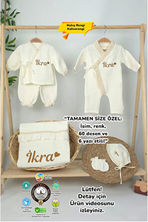 Müslin Yeni Doğan 4Katlı Organik %100Pamuk Kişiye Özgü Nakışlı Hastane Çıkış Seti (Kalpli Model-6)