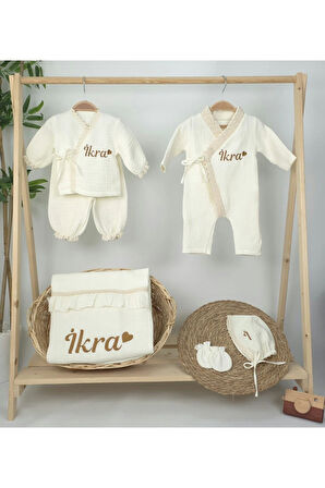 Müslin Yeni Doğan 4Katlı Organik %100Pamuk Kişiye Özgü Nakışlı Hastane Çıkış Seti (Kalpli Model-6)