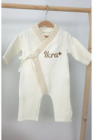 Müslin Yeni Doğan 4Katlı Organik %100Pamuk Kişiye Özgü Nakışlı Hastane Çıkış Seti (Kalpli Model-6)