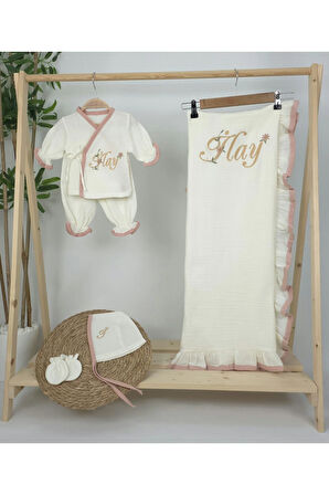 Müslin Yeni Doğan 4Katlı Organik %100Pamuk Kişiye Özgü Nakışlı Hastane Çıkış Seti (Papatya Model-9)