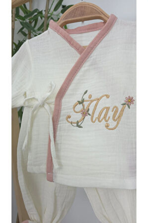 Müslin Yeni Doğan 4Katlı Organik %100Pamuk Kişiye Özgü Nakışlı Hastane Çıkış Seti (Papatya Model-9)