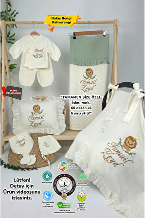 Müslin Yeni Doğan 4Katlı Organik %100Pamuk Kişiye Özgü Nakışlı Hastane Çıkış Seti (Aslan Model-2)