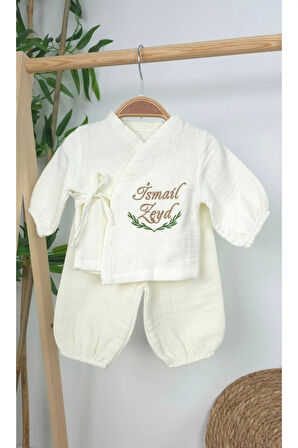 Müslin Yeni Doğan 4Katlı Organik %100Pamuk Kişiye Özgü Nakışlı Hastane Çıkış Seti (Aslan Model-2)