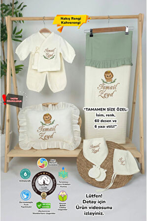 Müslin Yeni Doğan 4Katlı Organik %100Pamuk Kişiye Özgü Nakışlı Hastane Çıkış Seti (Aslan Model-2)