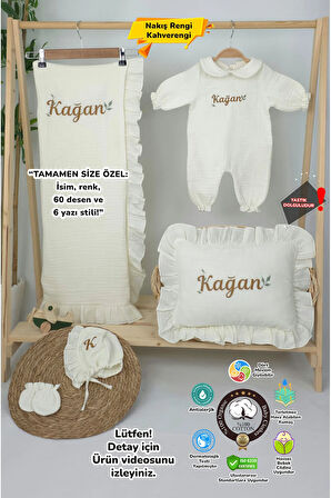 Müslin Yeni Doğan 4Katlı Organik %100Pamuk Kişiye Özgü Nakışlı Hastane Çıkış Seti (Yaprak Desen-2)