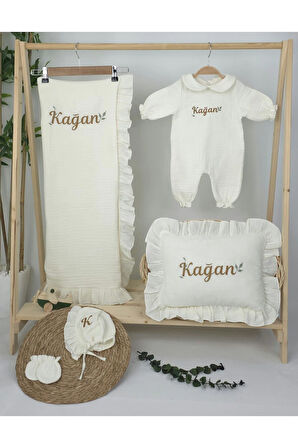 Müslin Yeni Doğan 4Katlı Organik %100Pamuk Kişiye Özgü Nakışlı Hastane Çıkış Seti (Yaprak Desen-2)