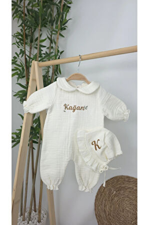 Müslin Yeni Doğan 4Katlı Organik %100Pamuk Kişiye Özgü Nakışlı Hastane Çıkış Seti (Yaprak Desen-2)