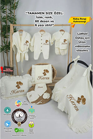 Müslin Yeni Doğan 4Katlı Organik %100Pamuk Kişiye Özgü Nakışlı Hastane Çıkış Seti (Ayıcık Model-6)