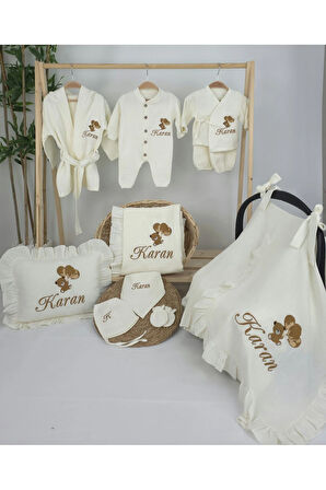 Müslin Yeni Doğan 4Katlı Organik %100Pamuk Kişiye Özgü Nakışlı Hastane Çıkış Seti (Ayıcık Model-6)