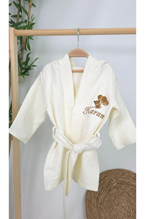 Müslin Yeni Doğan 4Katlı Organik %100Pamuk Kişiye Özgü Nakışlı Hastane Çıkış Seti (Ayıcık Model-6)