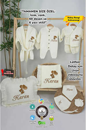 Müslin Yeni Doğan 4Katlı Organik %100Pamuk Kişiye Özgü Nakışlı Hastane Çıkış Seti (Ayıcık Model-6)