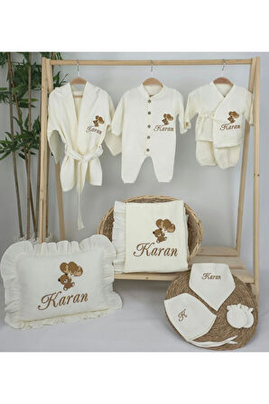 Müslin Yeni Doğan 4Katlı Organik %100Pamuk Kişiye Özgü Nakışlı Hastane Çıkış Seti (Ayıcık Model-6)