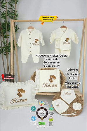 Müslin Yeni Doğan 4Katlı Organik %100Pamuk Kişiye Özgü Nakışlı Hastane Çıkış Seti (Ayıcık Model-6)