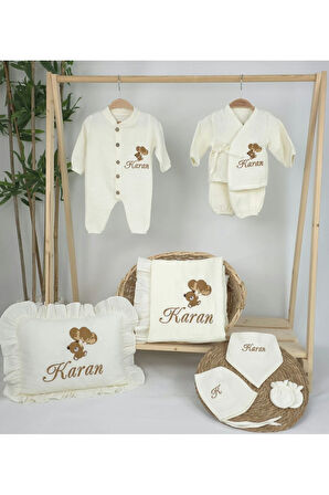 Müslin Yeni Doğan 4Katlı Organik %100Pamuk Kişiye Özgü Nakışlı Hastane Çıkış Seti (Ayıcık Model-6)