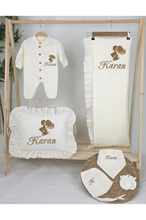 Müslin Yeni Doğan 4Katlı Organik %100Pamuk Kişiye Özgü Nakışlı Hastane Çıkış Seti (Ayıcık Model-6)