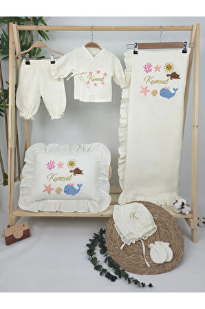 Müslin Yeni Doğan 4Katlı Organik %100Pamuk Kişiye Özgü Nakışlı Hastane Çıkış Seti(Okyanus Model-2)