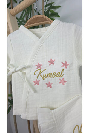 Müslin Yeni Doğan 4Katlı Organik %100Pamuk Kişiye Özgü Nakışlı Hastane Çıkış Seti(Okyanus Model-2)