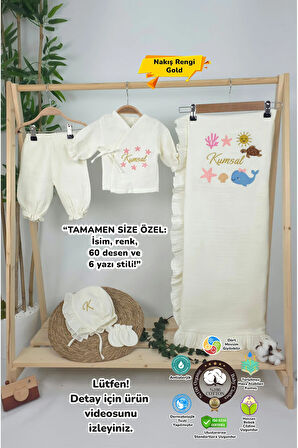 Müslin Yeni Doğan 4Katlı Organik %100Pamuk Kişiye Özgü Nakışlı Hastane Çıkış Seti(Okyanus Model-2)