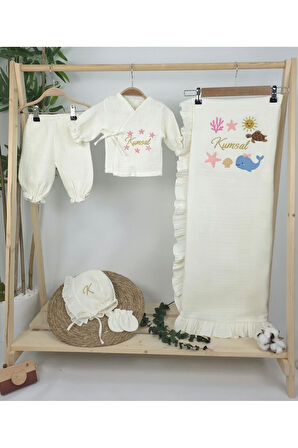 Müslin Yeni Doğan 4Katlı Organik %100Pamuk Kişiye Özgü Nakışlı Hastane Çıkış Seti(Okyanus Model-2)