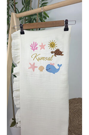 Müslin Yeni Doğan 4Katlı Organik %100Pamuk Kişiye Özgü Nakışlı Hastane Çıkış Seti(Okyanus Model-2)