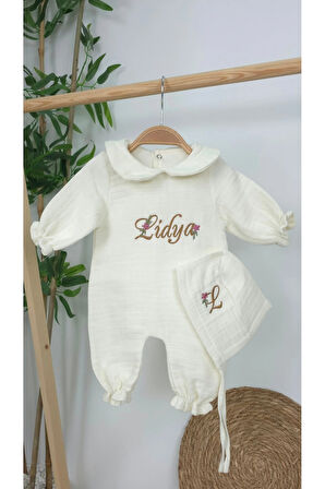 Müslin Yeni Doğan 4Katlı Organik %100Pamuk Kişiye Özgü Nakışlı Hastane Çıkış Seti (Papatya Model-9)