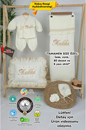 Müslin Yeni Doğan 4Katlı Organik %100Pamuk Kişiye Özgü Nakışlı Hastane Çıkış Seti (Papatya Model-10)