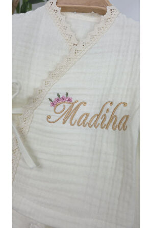 Müslin Yeni Doğan 4Katlı Organik %100Pamuk Kişiye Özgü Nakışlı Hastane Çıkış Seti (Papatya Model-10)