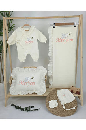 Müslin Yeni Doğan 4Katlı Organik %100Pamuk Kişiye Özgü Nakışlı Hastane Çıkış Setİ (Kuş Model-3)