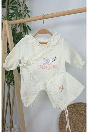 Müslin Yeni Doğan 4Katlı Organik %100Pamuk Kişiye Özgü Nakışlı Hastane Çıkış Setİ (Kuş Model-3)