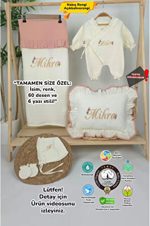 Müslin Yeni Doğan 4Katlı Organik %100Pamuk Kişiye Özgü Nakışlı Hastane Çıkış Seti (Papatya Model-11)