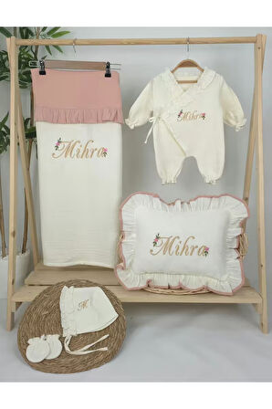 Müslin Yeni Doğan 4Katlı Organik %100Pamuk Kişiye Özgü Nakışlı Hastane Çıkış Seti (Papatya Model-11)