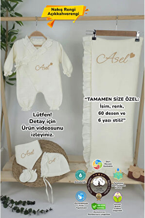 Müslin Yeni Doğan 4Katlı Organik %100Pamuk Kişiye Özgü Nakışlı Hastane Çıkış Seti-Kalpli