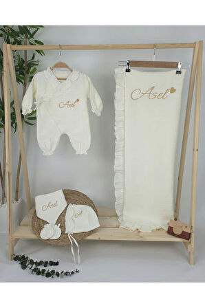 Müslin Yeni Doğan 4Katlı Organik %100Pamuk Kişiye Özgü Nakışlı Hastane Çıkış Seti-Kalpli