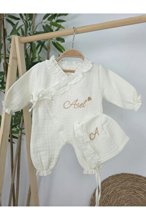 Müslin Yeni Doğan 4Katlı Organik %100Pamuk Kişiye Özgü Nakışlı Hastane Çıkış Seti-Kalpli