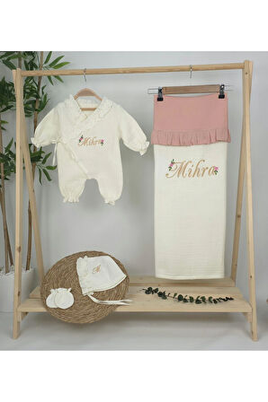 Müslin Yeni Doğan 4Katlı Organik %100Pamuk Kişiye Özgü Nakışlı Hastane Çıkış Seti (Papatya Model-11)