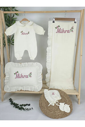 Müslin Yeni Doğan 4Katlı Organik %100Pamuk Kişiye Özgü Nakışlı Hastane Çıkış Seti (Güllü Mode-3)
