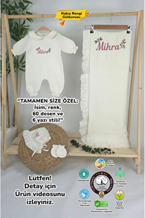 Müslin Yeni Doğan 4Katlı Organik %100Pamuk Kişiye Özgü Nakışlı Hastane Çıkış Seti (Güllü Mode-3)
