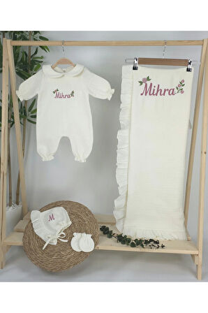 Müslin Yeni Doğan 4Katlı Organik %100Pamuk Kişiye Özgü Nakışlı Hastane Çıkış Seti (Güllü Mode-3)