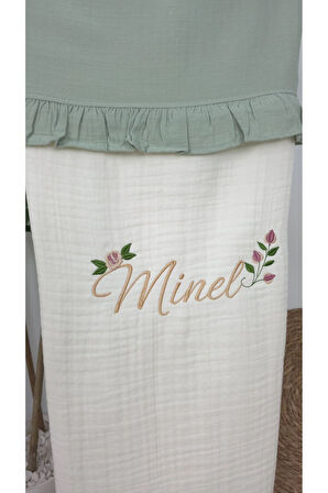 Müslin Yeni Doğan 4Katlı Organik %100Pamuk Kişiye Özgü Nakışlı Hastane Çıkış Seti (Güllü Model-4)