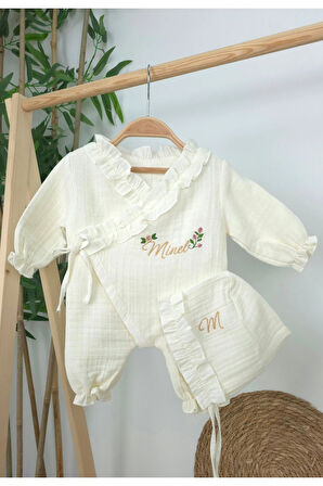 Müslin Yeni Doğan 4Katlı Organik %100Pamuk Kişiye Özgü Nakışlı Hastane Çıkış Seti (Güllü Model-4)