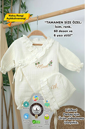 Müslin Yeni Doğan 4Katlı Organik %100Pamuk Kişiye Özgü Nakışlı Hastane Çıkış Seti (Güllü Model-4)