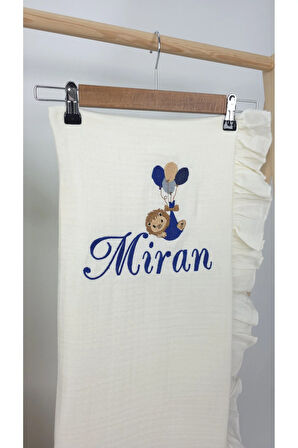 Müslin Yeni Doğan 4Katlı Organik %100Pamuk Kişiye Özgü Nakışlı Hastane Çıkış Seti (Balonlu Aslan-4)