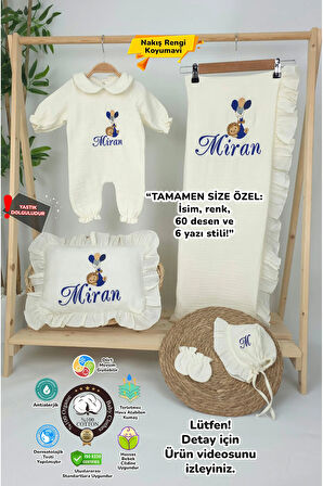 Müslin Yeni Doğan 4Katlı Organik %100Pamuk Kişiye Özgü Nakışlı Hastane Çıkış Seti (Balonlu Aslan-4)