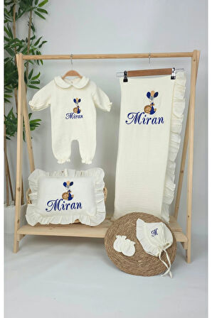 Müslin Yeni Doğan 4Katlı Organik %100Pamuk Kişiye Özgü Nakışlı Hastane Çıkış Seti (Balonlu Aslan-4)