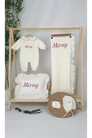 Müslin Yeni Doğan 4Katlı Organik %100Pamuk Kişiye Özgü Nakışlı Hastane Çıkış Seti (Papatya Model-12)