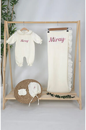 Müslin Yeni Doğan 4Katlı Organik %100Pamuk Kişiye Özgü Nakışlı Hastane Çıkış Seti (Papatya Model-12)